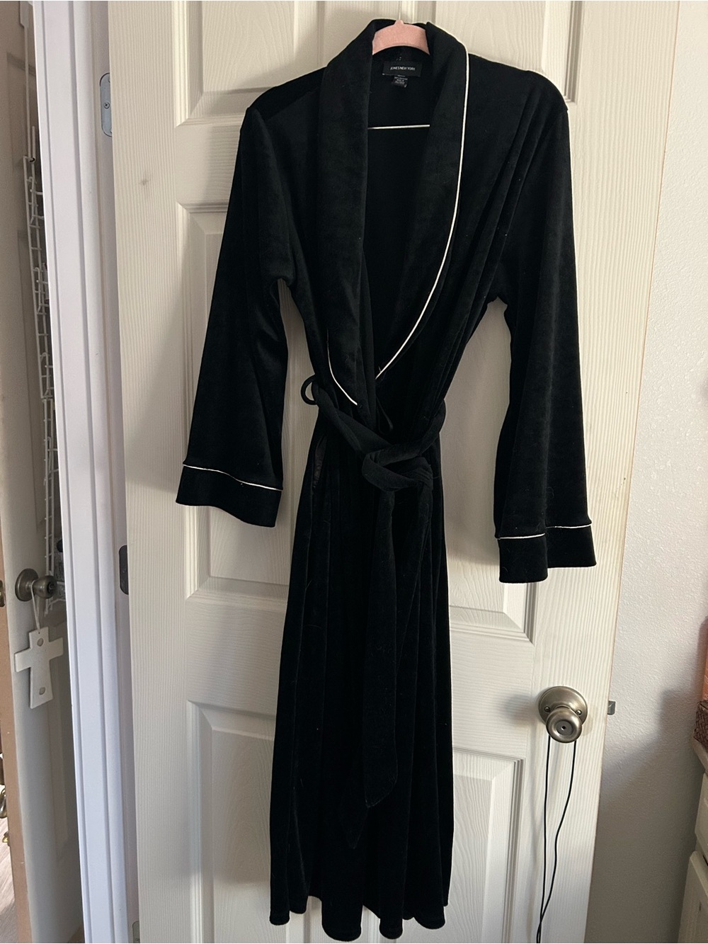Jones New York Black Velvet Robe with White Trim